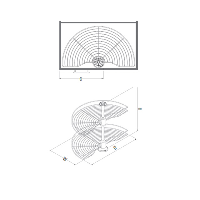 Demi-lune pivotante pour meuble d'angle — deux plateaux chromés, porte battante 45 cm — STARAX S-3011-A 3
