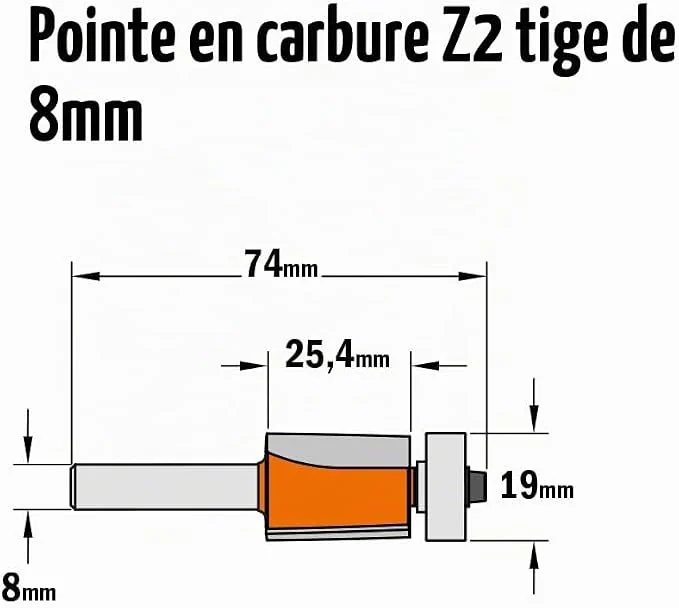 Fraise à affleurer — queue 8 mm · actif Ø19 × 25,4 mm — CMT 906.191.11 3