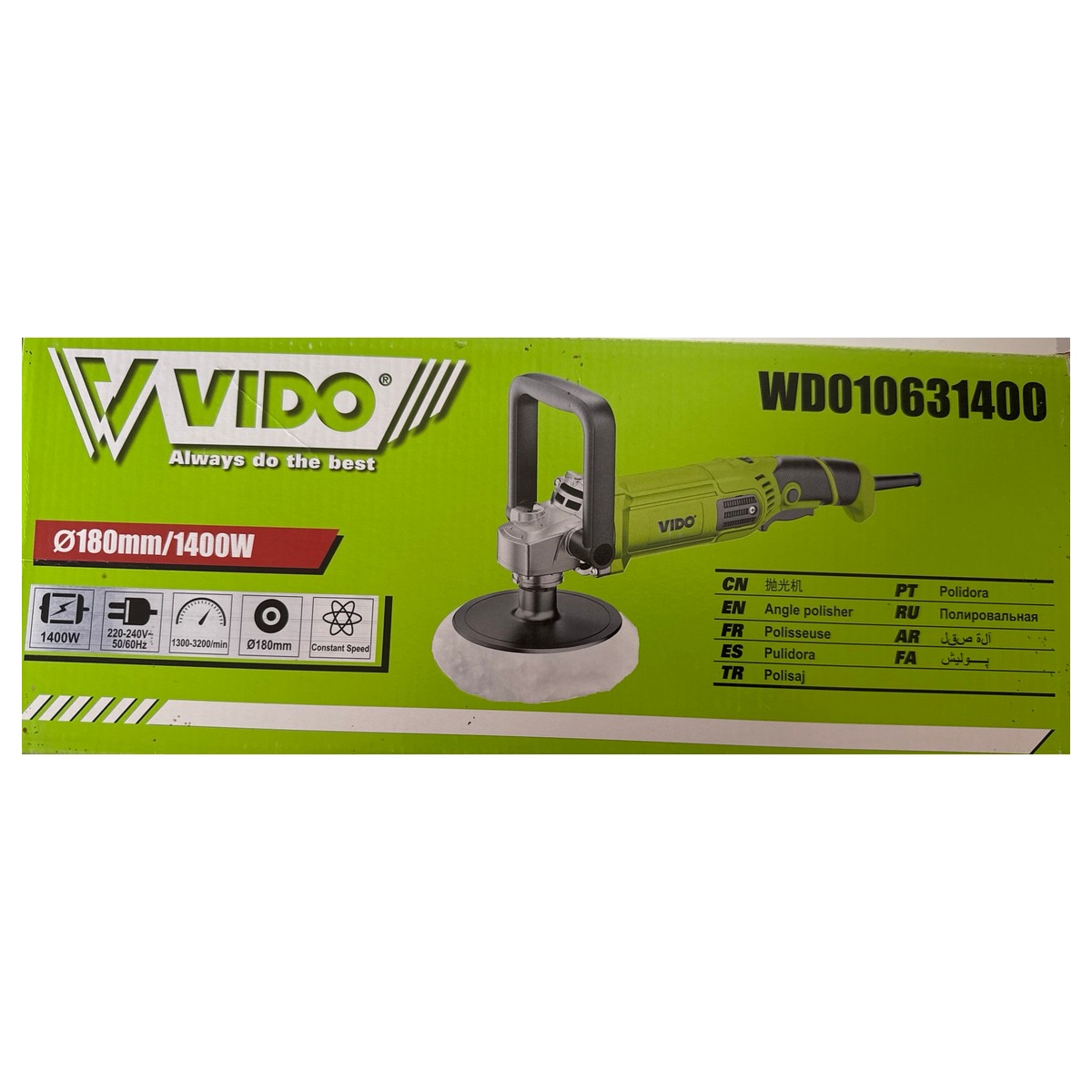 Polisseuse VIDO WD010631400 — 1 400 W, plateau 180 mm, 1 300 à 3 200 tr/min