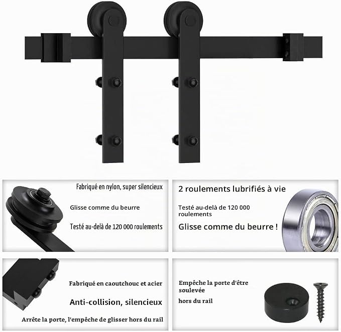 Kit porte coulissante apparente — rail noir 2 m, roulettes silencieuses, visserie complete 4