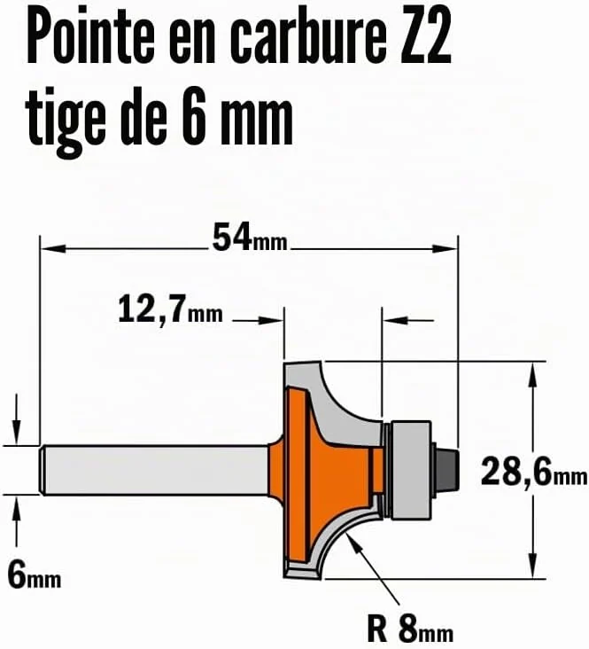 Fraise à arrondir R8 — queue 6 mm · actif Ø28,6 mm — CMT 738.285.11 2