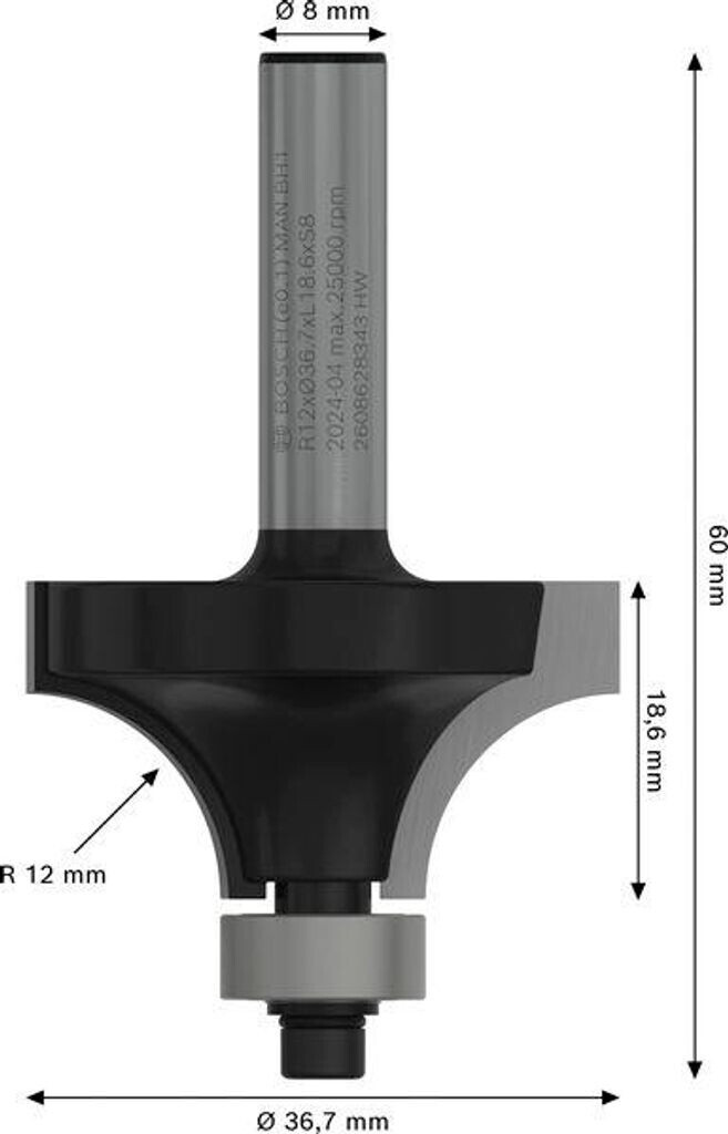 Fraise à arrondir R12 — queue 8 mm · actif Ø36,7 mm — Bosch 2608628343 5