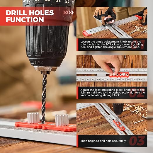 Règle de traçage 4 en 1 avec tête coulissante et guide de perçage — aluminium, double graduation 5