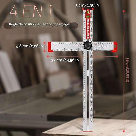 Règle de traçage 4 en 1 avec tête coulissante et guide de perçage — aluminium, double graduation