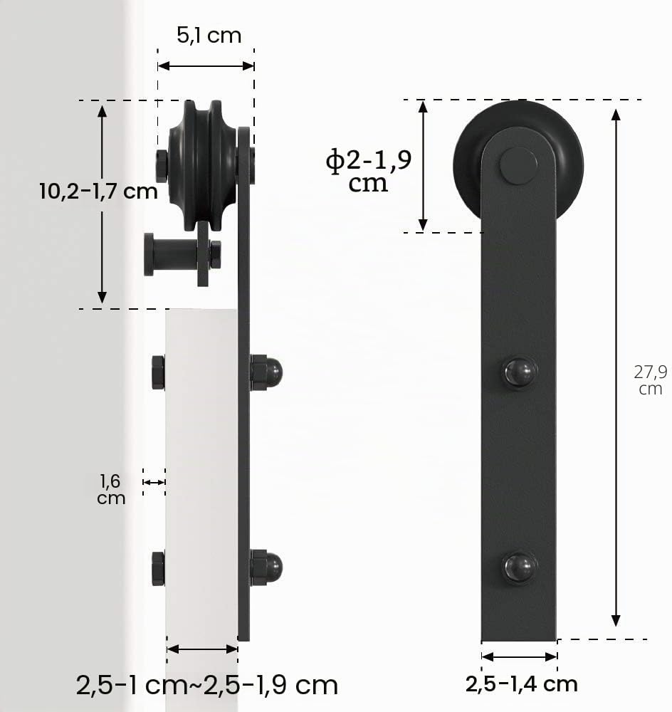 Kit porte coulissante apparente — rail noir 2 m, roulettes silencieuses, visserie complete 5