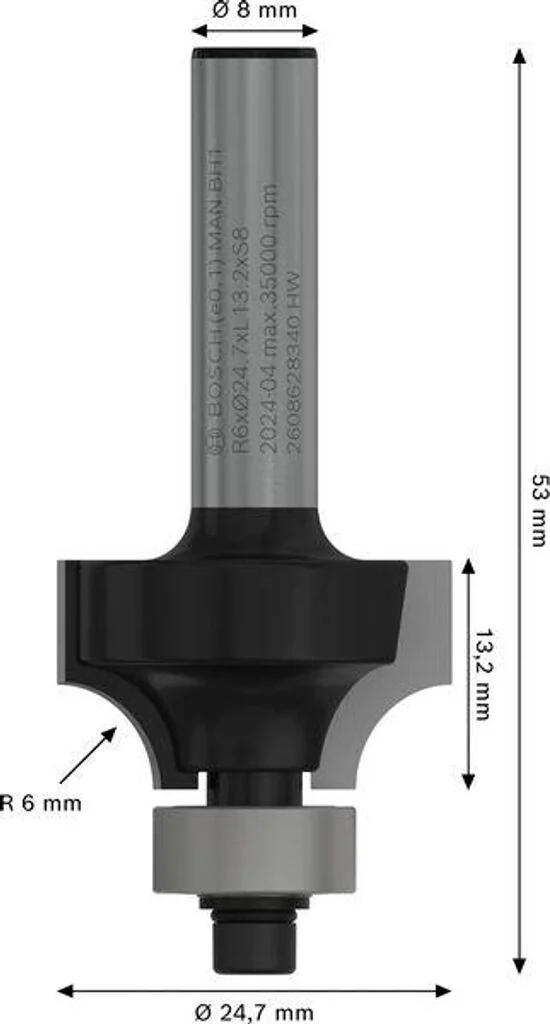 Fraise à arrondir R6 — queue 8 mm · actif Ø24,7 mm — Bosch 2608628340 2