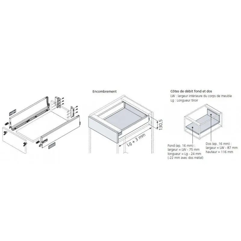 Kit tiroir metallique Blum TANDEMBOX blanc — profondeur 550 mm, SANS rallonge 3